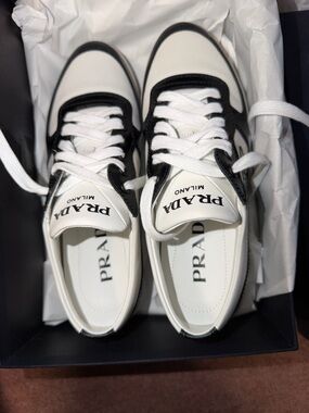 Prada Black & White Leather Lace-Up Sneakers